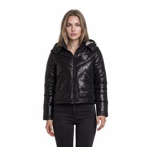 NFL Puffer Jacket Women's Size Large Black Las Vegas Raiders Hooded Quilted Coat